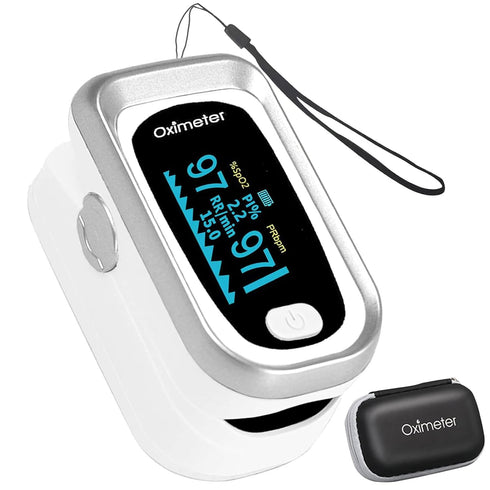 Adult Pulse Oximeter with Large LED Screen, Accurate Heart Rate Meter, Carry Lanyard and Bag - Silver