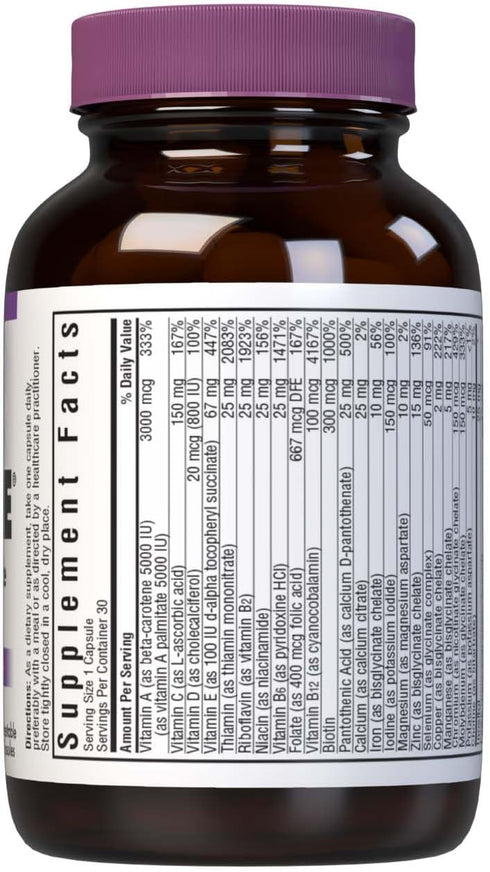 Bluebonnet Nutrition Multi One (with Iron) Vegetable Capsules, Complete Full Spectrum Multiple Vitamin Supplement, B Vitamins, Gluten free, milk free, kosher, 30 Vegetable Capsules, 1 Month Supply