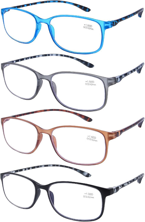 AQWANO 4-Pack Reading Glasses for Men and Women 2.0, Blue Light Blocking, Lightweight TR90 Flexible Frame Readers