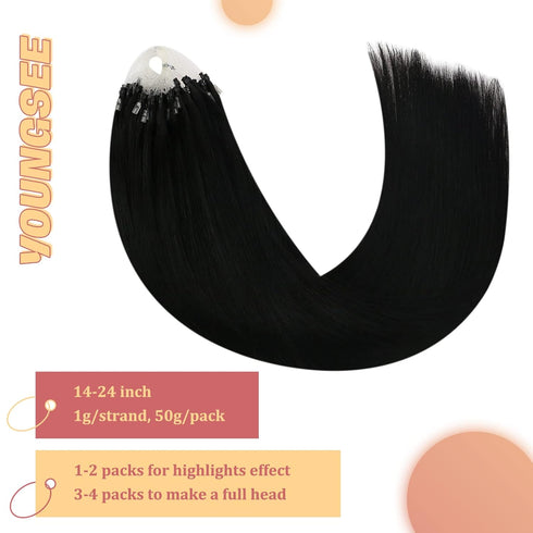 YoungSee Micro Bead Hair Extensions, Real Human Hair Black Microlink Extensions, Jet Black Micro Ring, 16 Inch, 50s/50g