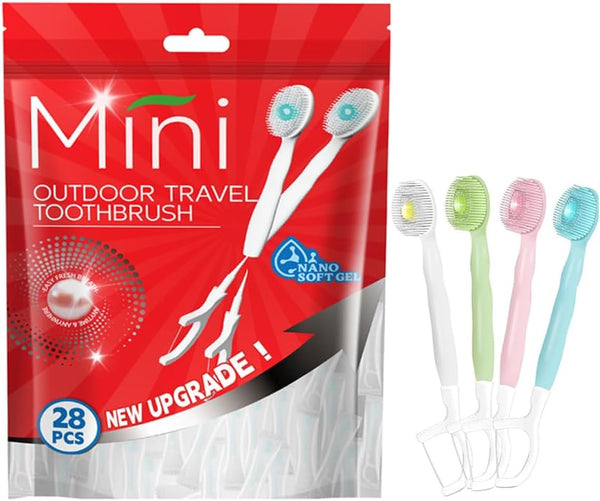 KUGUAN 28 Packs Mini Brushes-Disposable Toothbrushes with Toothpaste + Floss + Pick +
