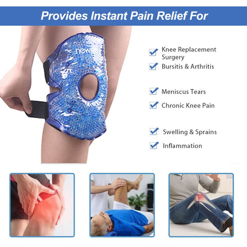 NEWGO Knee Cold Pack, 2 Pack Reusable Soft Gel Freeze Wrap for Injury, Ice Packs for Knee Surgery, Pain Relief