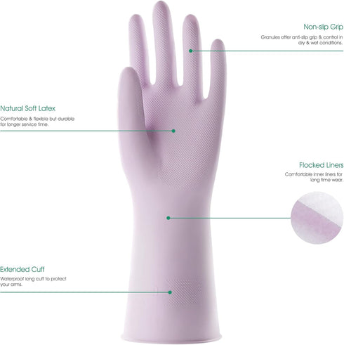 COOLJOB Large Reusable Rubber Dishwashing Cleaning Gloves for Kitchen Bathroom, Non-Slip Grippy Long Dish Washing Gloves with Flocked Cotton Liner, Flexible Durable & Waterproof, Purple, 1 Pair