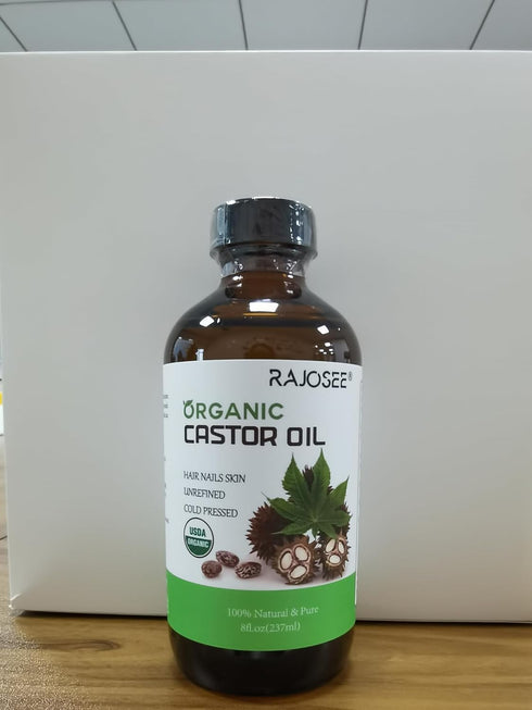 RAJOSEE 32Pcs Pack 8oz, Castor Oil with Castor Oil Organic Cold Pressed Glass Bottle Cotton Caster Oil Wrap for Waist