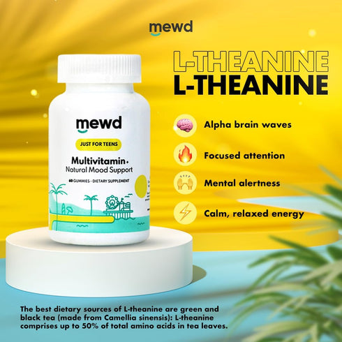 Gummies D3, B6, B9 B12, Immune MEWD Teen and Kids Mood Support Multivitamin - Natural Focus & Calm with L-Theanine