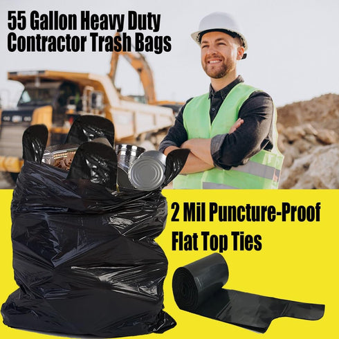 Contractor Trash Bags, 55 Gallon Heavy Duty, 10 Count, 2 MIL, 36" X 56" Large Black Flap Tie Garbage Bags
