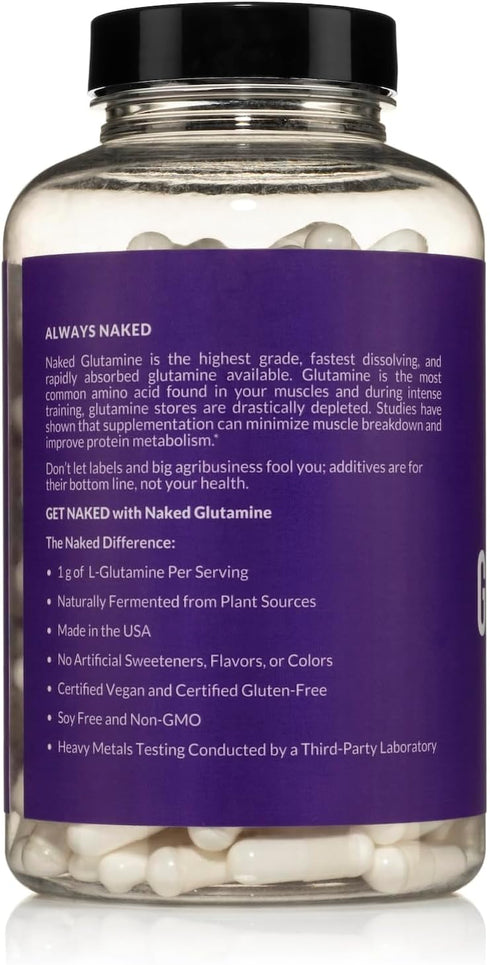Naked L-Glutamine Muscle Recovery Capsules, 1000mg, 240 Count | Made in The USA, Non-GMO, Gluten and Soy Free