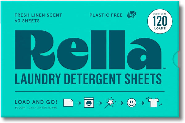 Rella Laundry Detergent Sheets, 60 Sheets, Fresh Linen Scent, Eco Friendly Travel Detergent, Biodegradable