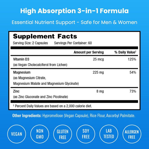 NutraChamps Magnesium Zinc & Vitamin D3 Supplement, 120 Vegan Capsules for Bone, Muscle & Heart Health, Immune Support