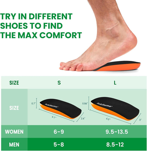 Bukihome Plantar Fasciitis Heel Cups, Arch Support Gel Heel Cushions for Pain Relief, Women's 6-9, Men's 5-8