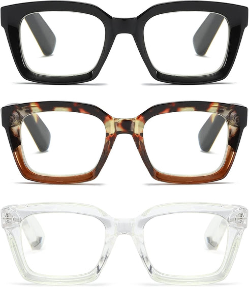 3 Pack Oversize Square Design Reading Glasses for Women, Blue Light Blocking Reader