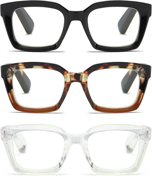 3 Pack Oversize Square Reading Glasses for Women, Blue Light Blocking Readers (Black, Leopard, Transparent, 1.75)