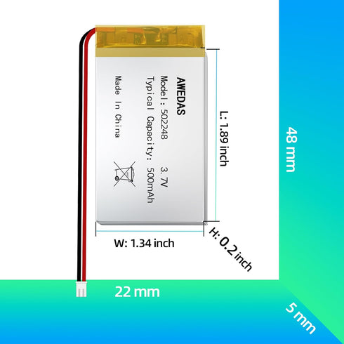 502248 Battery 3.7v 500mAh 502248 Lipo Battery Compatible for Multiple Device 502248 Replacement Batteries with PH 2.54 & PH 2.0 JST Connector and Tool
