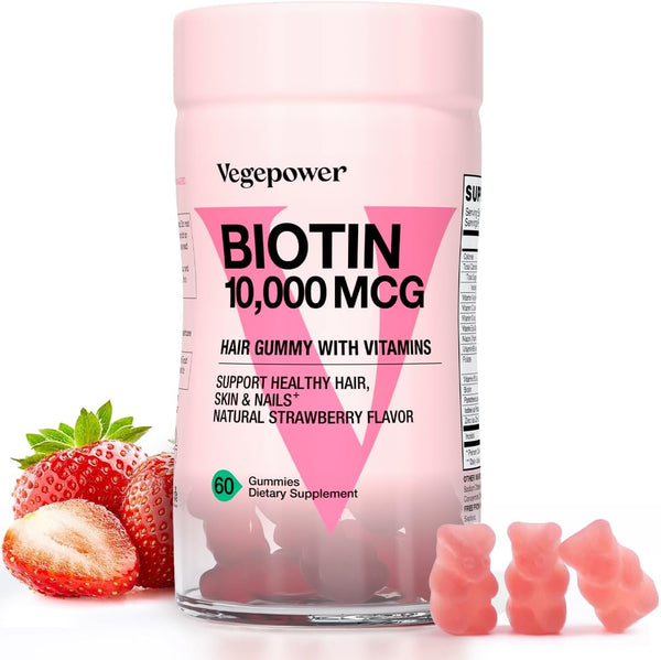 Biotin 10000mcg Hair Growth Gummies - Vegan Supplement for Healthy Hair, Skin, Nails