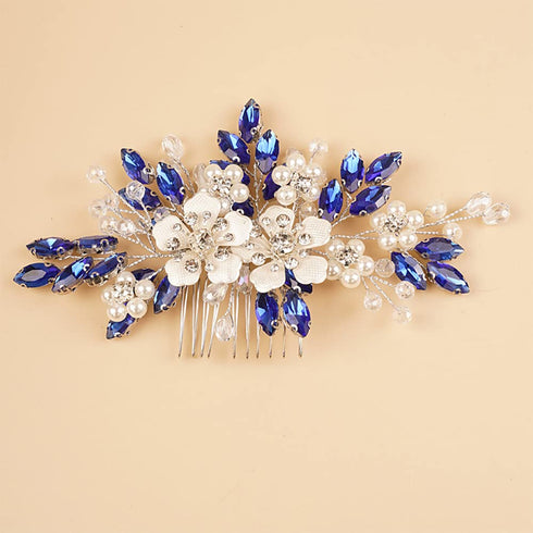Kercisbeauty Flower Hair Comb for Women and Girls, Wedding Bridal Crystal Hair Piece in Blue