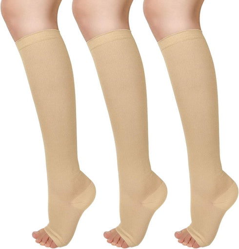 3 Pairs Open Toe Compression Socks for Women, Knee High Toeless 15-25 mmHg (S/M)