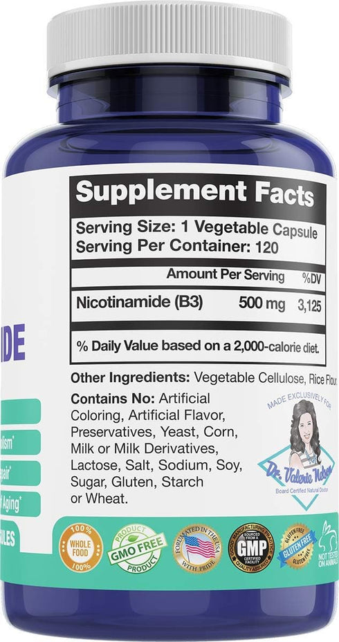 Nicotinamide 500 mg - Vitamin B3 – Energy; Cell & Skin Health - Flush-Free - 120 Veggie Caps by Foxxy Doc