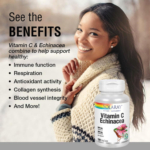 SOLARAY Vitamin C & Echinacea Root | 500 mg VIT C & 300 mg Echinacea Per Capsule | 120 VegCaps