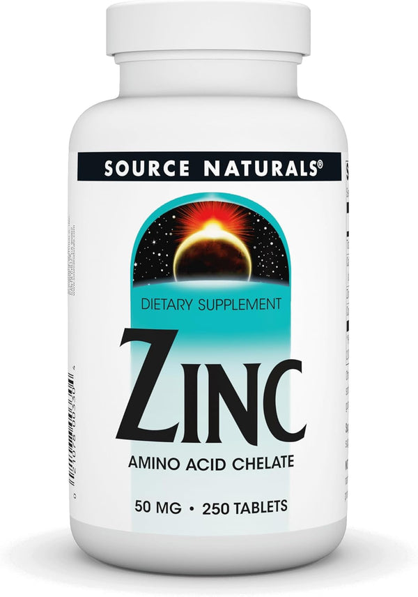 Source Naturals Zinc, Amino Acid Chelate, Dietary Supplement, 50 mg, 250 Tablets