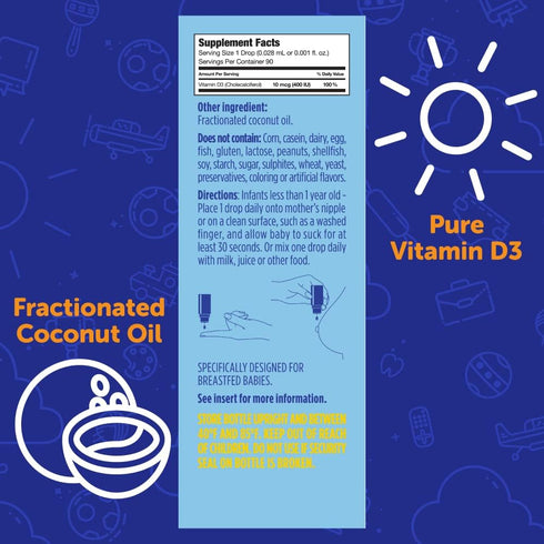 Ddrops Organic Baby 400 IU 90 Drops - Daily Vitamin D Liquid for Infants. Supports Teeth & Bone Health. No Preservatives, No Sugar, Non-GMO, Allergy-Friendly