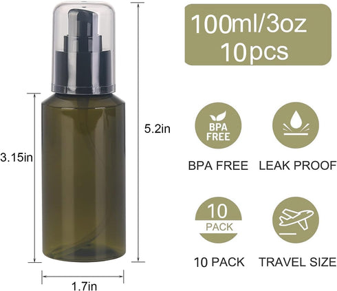 Sookdeo Mini Dispenser, Portable Refillable Bottle with Pump & Lid for Travel, 10 Pack, 3oz, 100ml (Green)