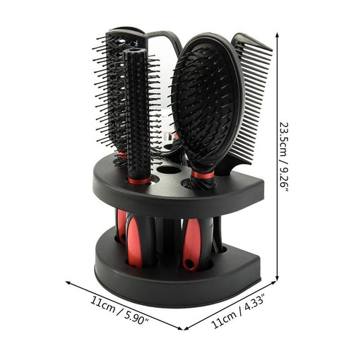 Set of 5 Professional Salon Hair Combs, Hair Cutting Brushes, Hairdressing Styling Tool Mirror and Holder Stand