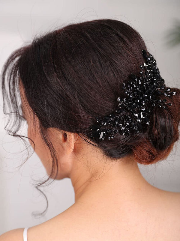 Women Dainty Black Rhinestones Crystal Wedding Hair Comb, Luxurious Bridal Side Hair Accessories