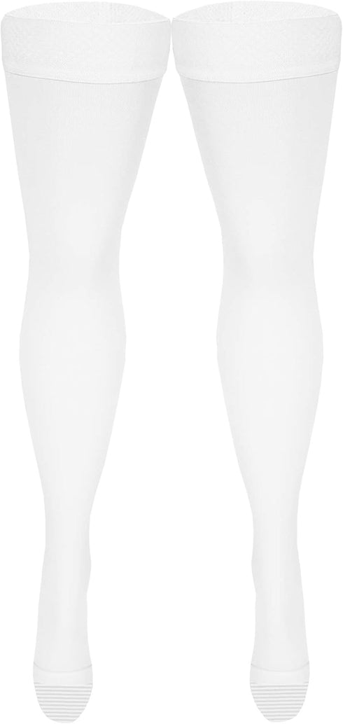 NuVein Medical Compression Stockings, 20-30 mmHg Support, Thigh Length Hose, Open Toe, White, Medium for Women & Men.