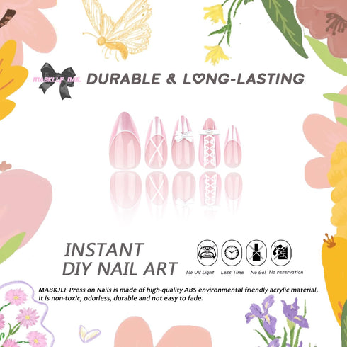 Press on Nails Medium Almond MABKJLF French Tip Fake Nails, Pink Full Cover with Bow Designs, 24Pcs