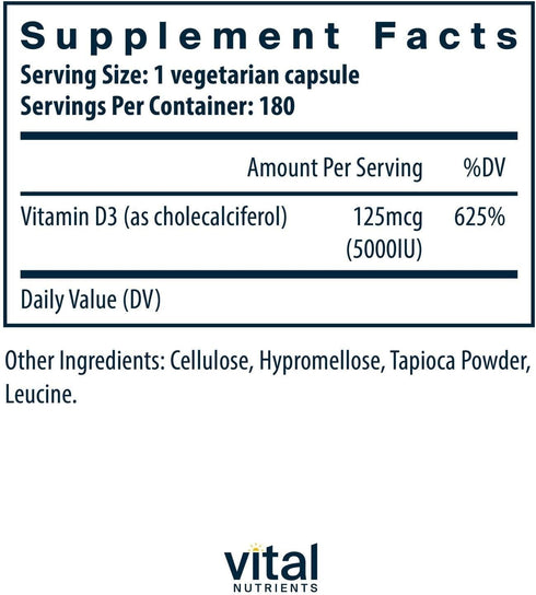 Vital Nutrients Vitamin D 5000 IU, D3 Supplement for Healthy Bones, 180 Capsules