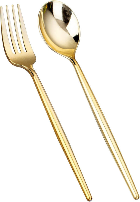 SUT 100 Pcs Gold Plastic Silverware, Disposable Forks and Spoons for Parties and Weddings