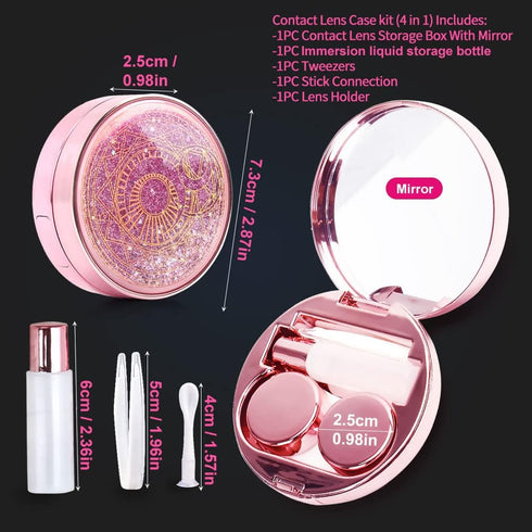 Contact Lens Case, Cute Bling Stars Holder Travel Kit with Remover Tool and Mirror (Pink)