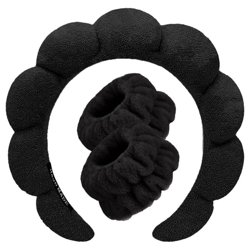Spa Headbands for Washing Face, Wristband Set, Sponge Makeup Skincare Headband, Soft Terry Towel Cloth Hairband (Black)