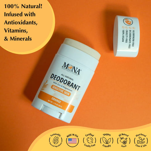 MONA BRANDS All Natural Deodorant - For Sensitive Skin, No Aluminum or Baking Soda (2-Pack, ORANGE 1.76 Oz each)