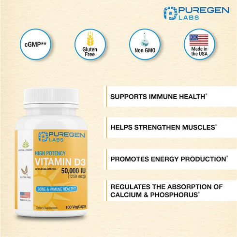 Puregen Labs Vitamin D3 50,000 IU - 100 Vegetable Capsules for Healthy Muscle Function & Immune Support, Non-GMO &