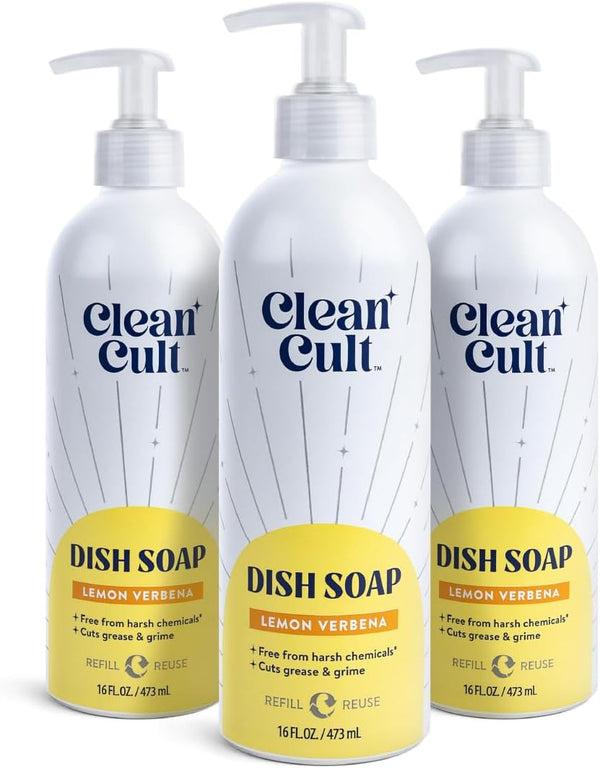 Cleancult Lemon Verbena Liquid Dish Soap, Refillable Aluminum Bottle, 16 oz, 3 Pack