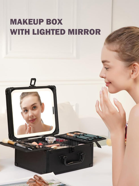 Qislee Makeup Box with Detachable Lighted Mirror, Waterproof Travel Case, Cosmetic Organizer with Adjustable Dividers