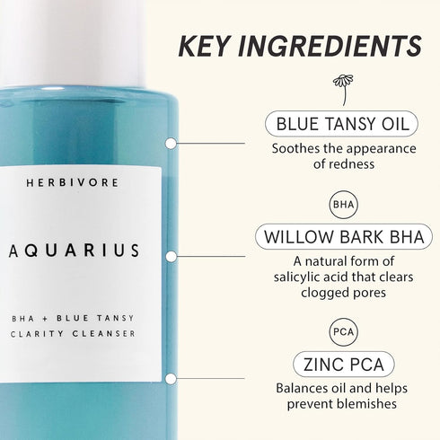 HERBIVORE Aquarius BHA + Blue Tansy Clarity Cleanser – Gentle Exfoliation for Oily-Combination Skin, Plant-Based,