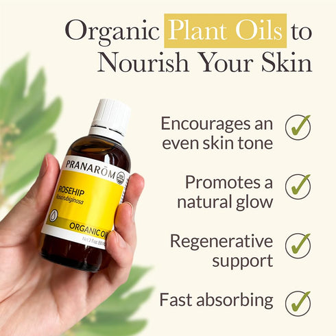 Pranarom USDA Certified Organic Cold-Pressed Rosehip Virgin Plant Oil - 2 fl oz Glass Bottle for Anti-Aging, Acne Scar,