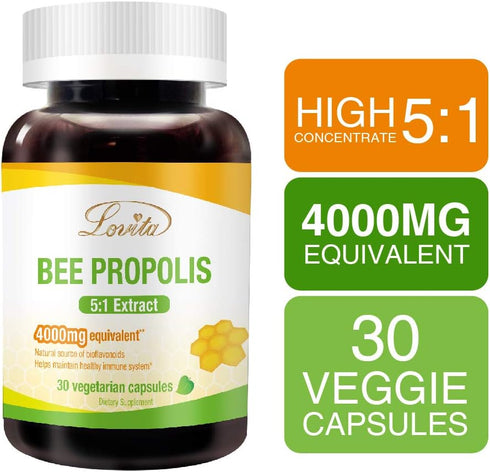 Lovita Bee Propolis Capsule, 4000mg Equivalent, 5:1 Concentration, Natural Propolis Extract, 30 Capsules