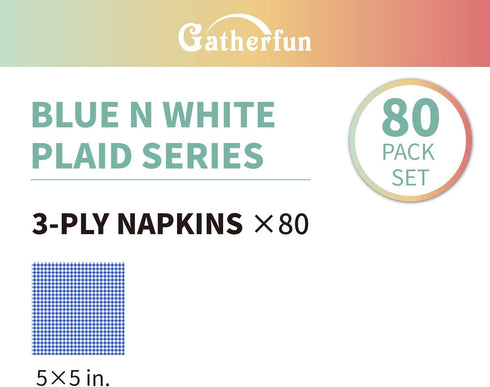 Gatherfun Cocktail Napkins 3-ply, 80PCS Blue and White Gingham Disposable Paper Napkins for Restaurant Bar Picnic