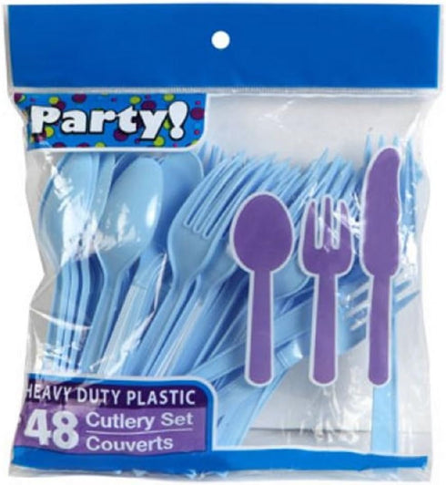 Baby Blue & Light Pink Heavy Duty Plastic Cutlery Sets - 16 Spoons, 16 Forks, 16 Knives - 2 Packs of 48 Total