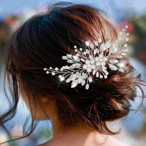 Yean Bride Leaf Bridal Hair Comb, Pearl Wedding Hair Piece, Rhinestone Hair Accessories for Women and Girls (Silver)
