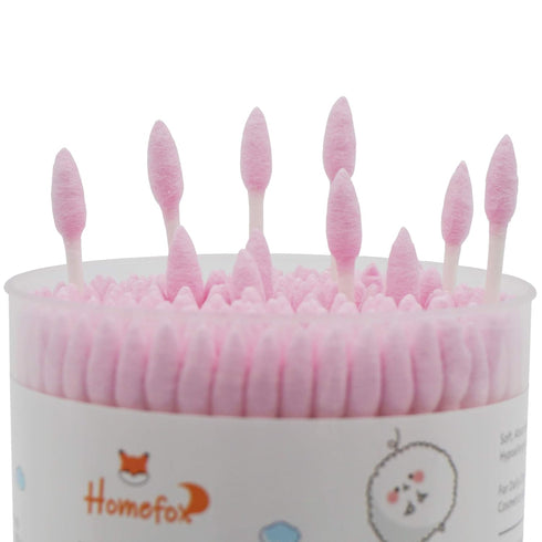Pink Cotton Swabs Precision Pointed - 200 Count Organic Cotton Buds, Double-Sided, Lint-Free, Soft, Gentle (Pink)
