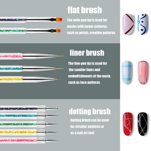 Nail Art Brushes 5pcs Double Ended Brush & Dotting Tool Kit, Including Nail Liner Brush and Dotting Pens for Nail Art