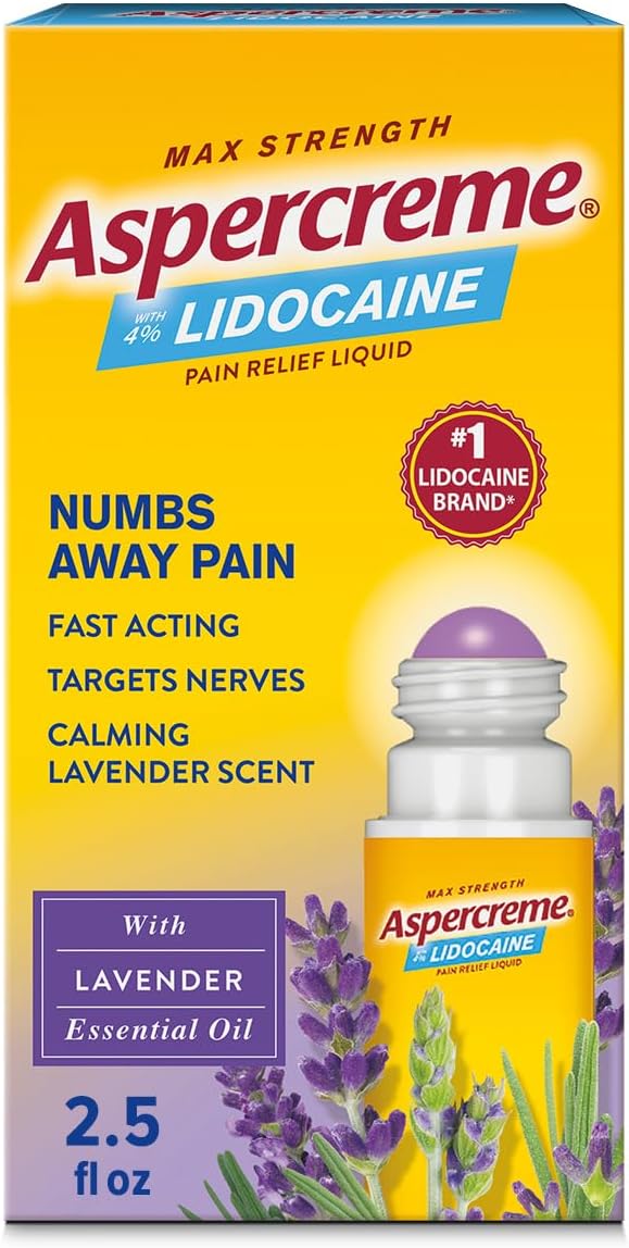 Aspercreme Essential Oils Lidocaine Pain Relief Roll-On, Max-Strength Numbs Nerve Pain, Lavender, 2.5 Oz.