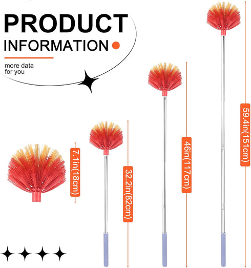 Cobweb Duster with Extension Pole, 59" Adjustable Stainless Steel Pole for High Ceilings and Home Cleaning