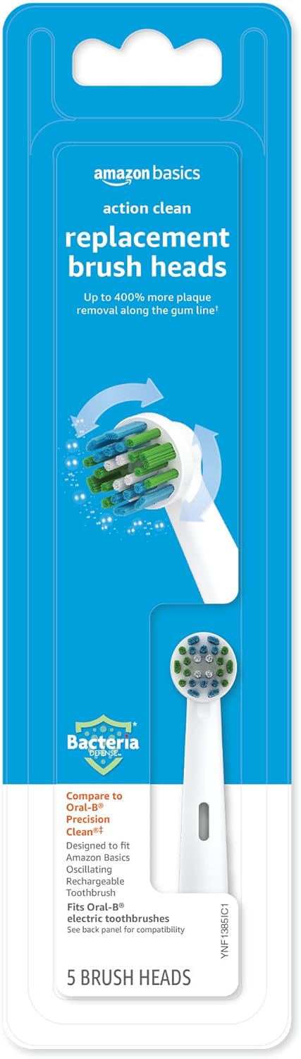 Amazon Basics Action Clean Replacement Brush Heads, 3 Count, White, Fits Most Oral-B Electric Toothbrushes