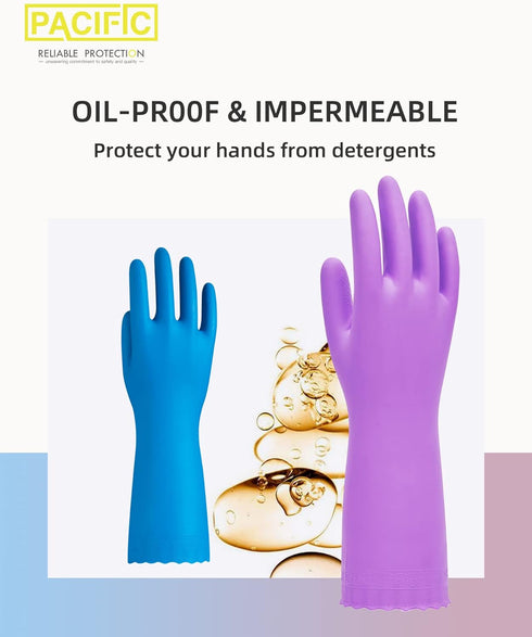 PACIFIC PPE 2 Pairs Dishwashing Cleaning Gloves, Latex Free with Cotton Lining, Large (Purple+Blue)