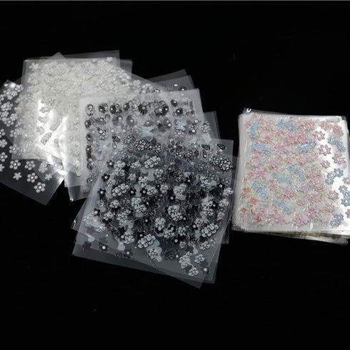 WOKOTO 90Pcs Self-Adhesive 3D Nail Art Sticker - Colorful White Black Flower Fingernail Decals with 1 Pcs Anti-Static